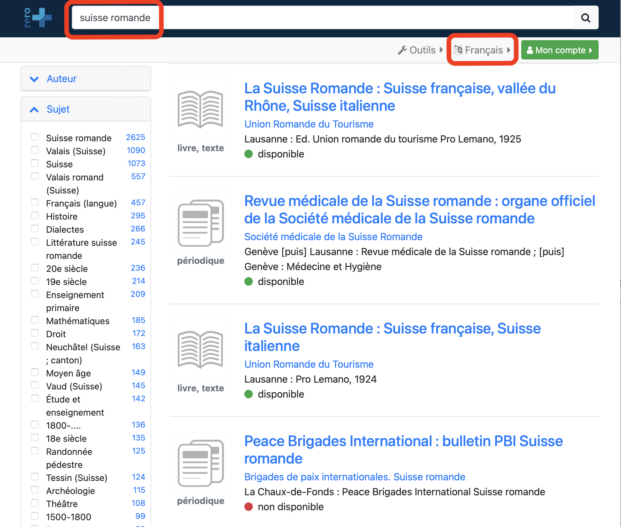 Results interface in the French version of RERO ILS