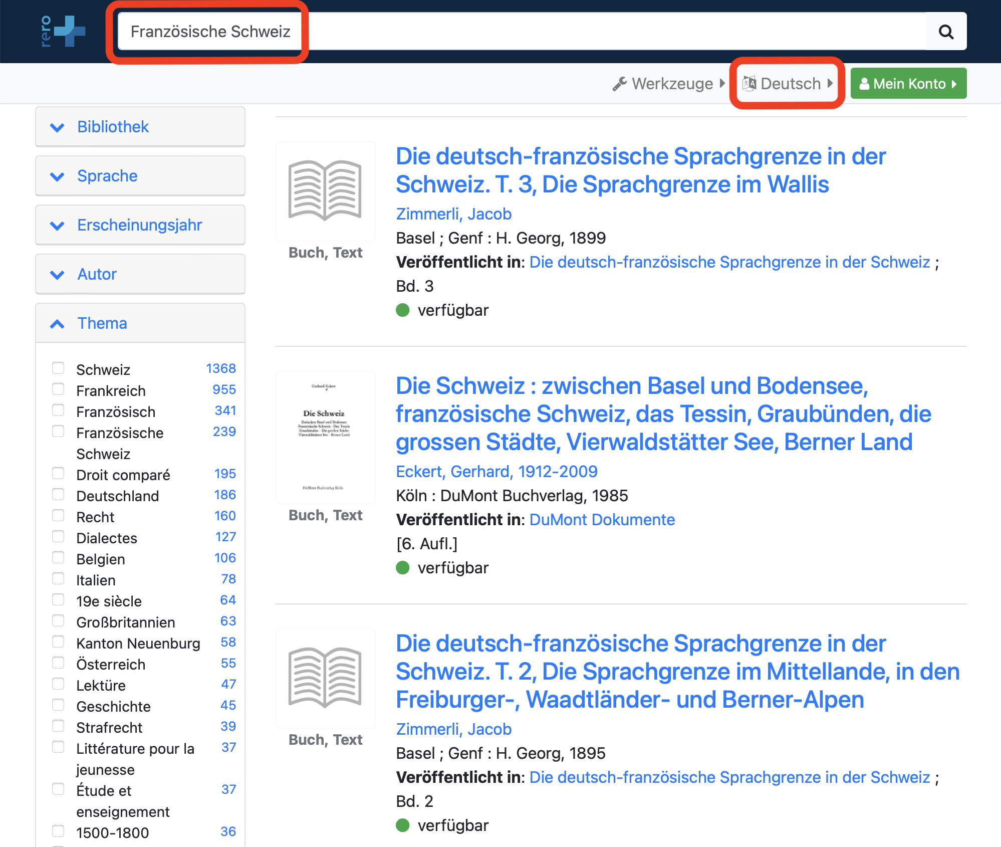 The RERO ILS interface with the same query in German